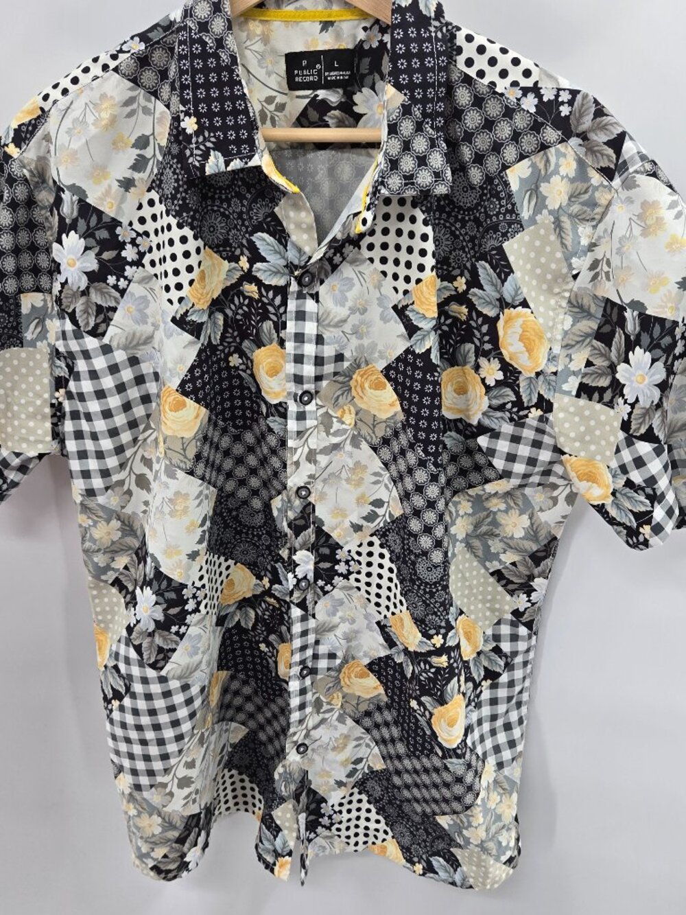 Public Record Patchwork Floral Button Up Shirt Men's Size Large